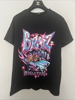 Dolls Kill Black Tee with Pink & Blue Bratz 2001 World Tour Graphic Short Sleeve